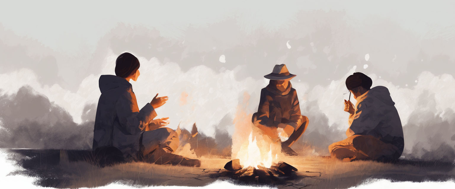 An illustration of three people sitting around a campfire, having an engaging conversation.